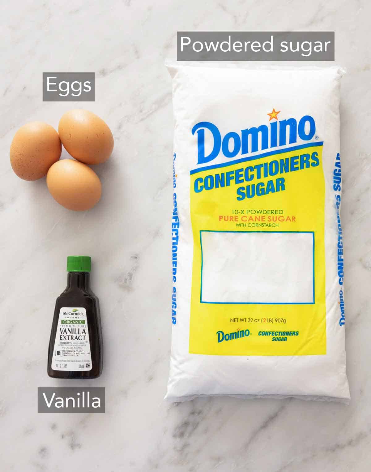 Ingredients needed to make royal icing.