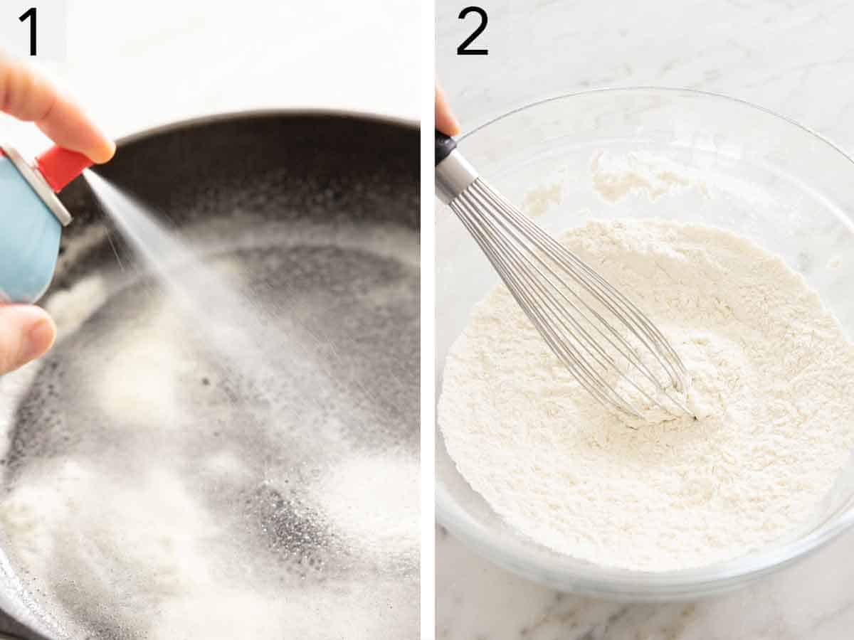 Set of two photos showing a cast iron sprayed with oil and dry ingredients whisked together.