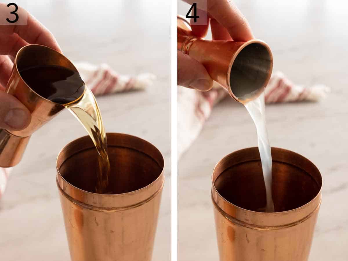 Set of two photos showing bourbon then lemon juice added to a shaker.