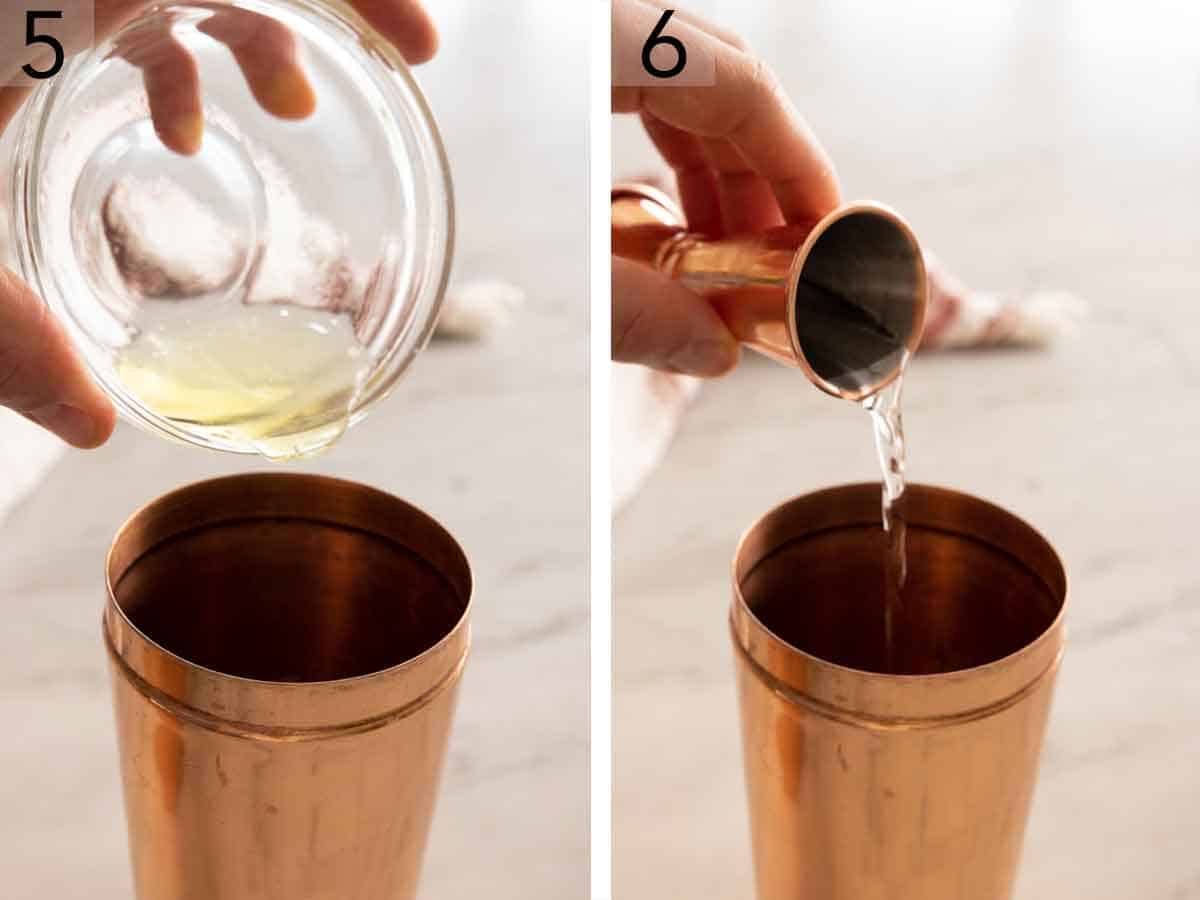 Set of two photos showing egg whites and simple syrup added to the shaker.