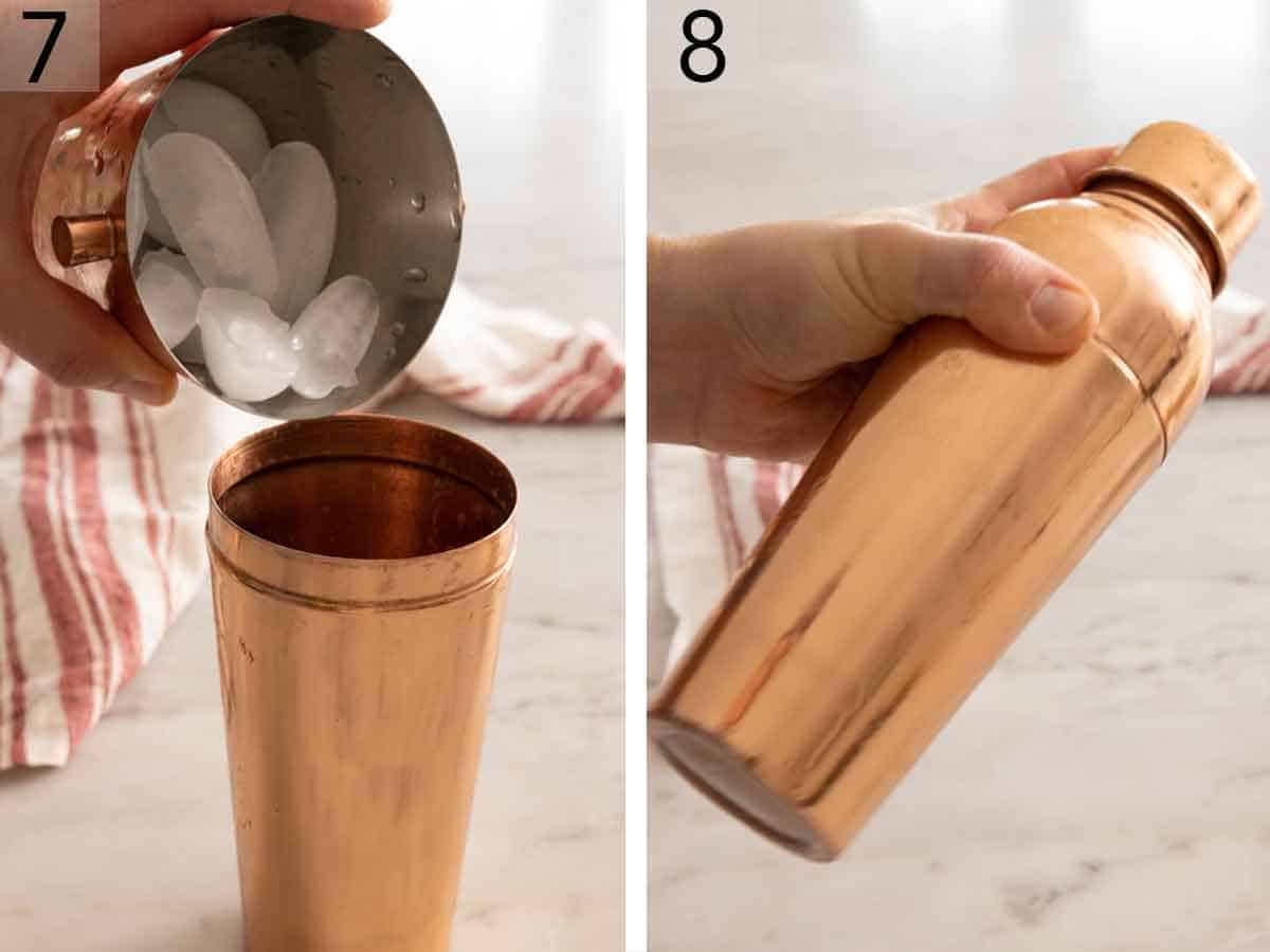 Set of two photos showing ice added to the shaker then shaken.