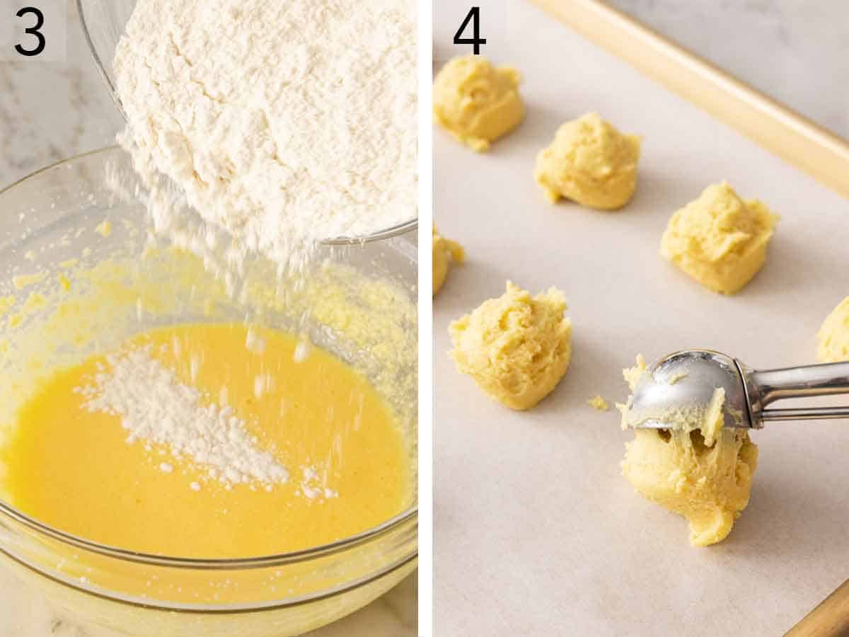 Set of two photos showing dry ingredients added to wet the dough scooped.