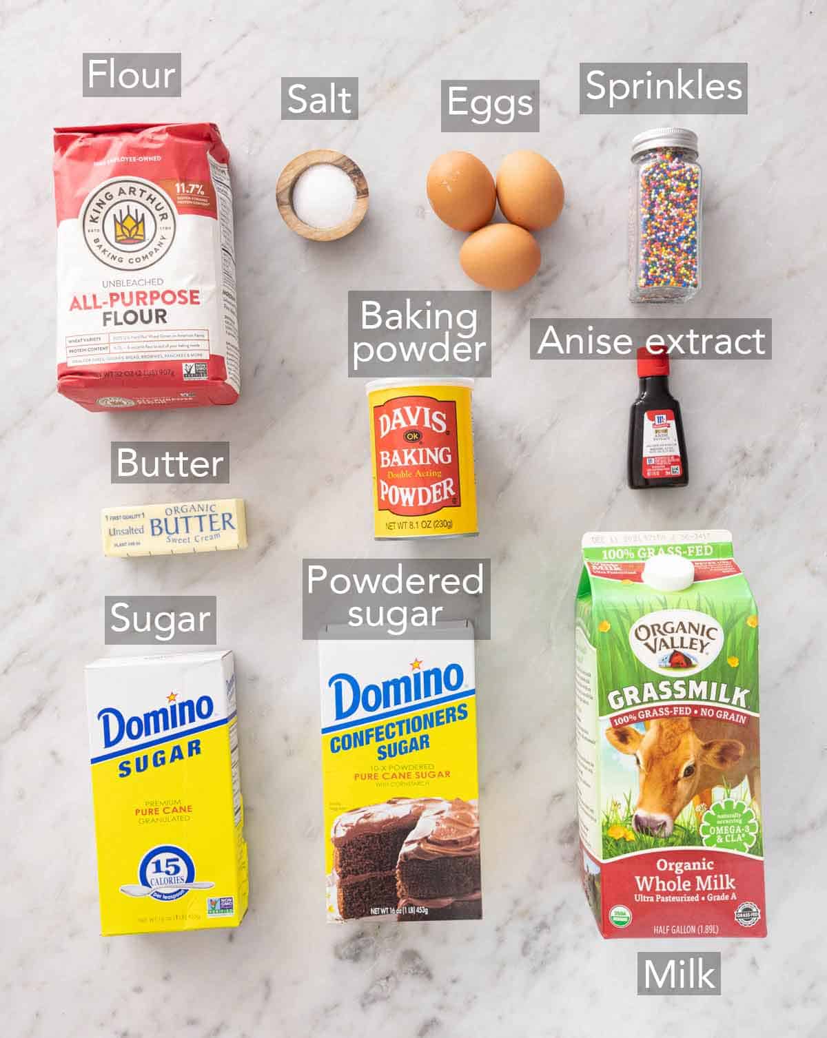 Ingredients needed to anise cookies.