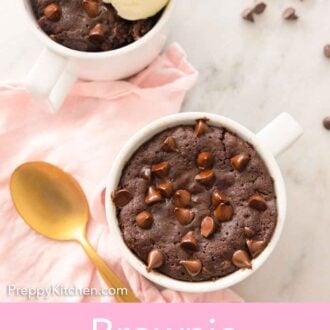 Pinterest graphic of two servings of brownie in a mug, one with ice cream.