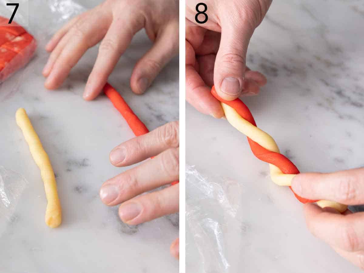 Set of two photos showing dough rolled and twisted together.