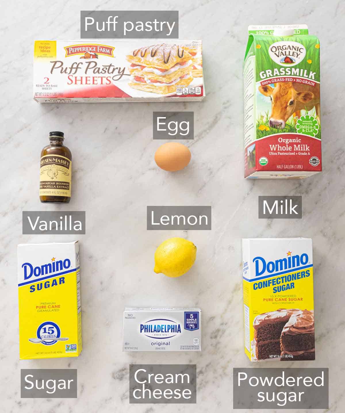 Ingredients needed for a cheese danish recipe.