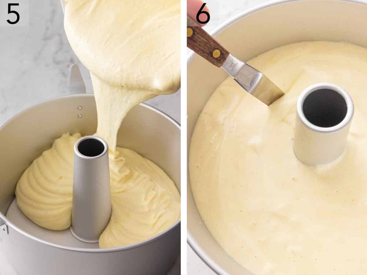 Set of two photos showing batter added to tube pan and air bubbles popped.