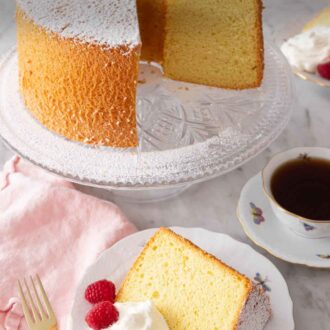 Pinterest graphic of a slice of chiffon cake with whipped cream and raspberries.