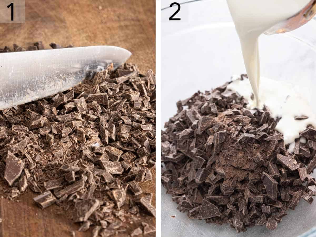 Set of two photos showing chocolate chopped and combined with cream.