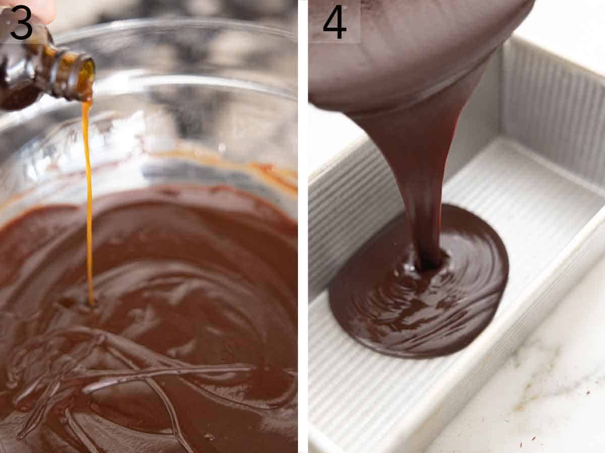 Set of two photos showing vanilla extract added to chocolate and then the thick ganache mixture transferred to a loaf pan.