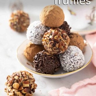 Pinterest graphic of a plateful of homemade chocolate truffles with some in front.