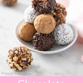 Pinterest graphic of a plate with a stack of homemade truffles with one in front.