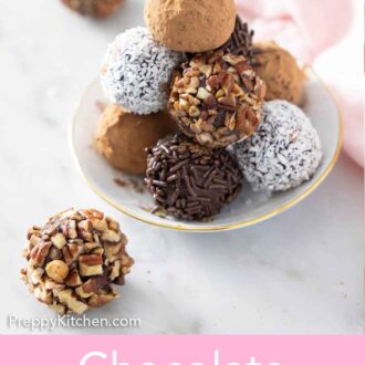 Pinterest graphic of a plate of chocolate truffles with a variety of coatings.