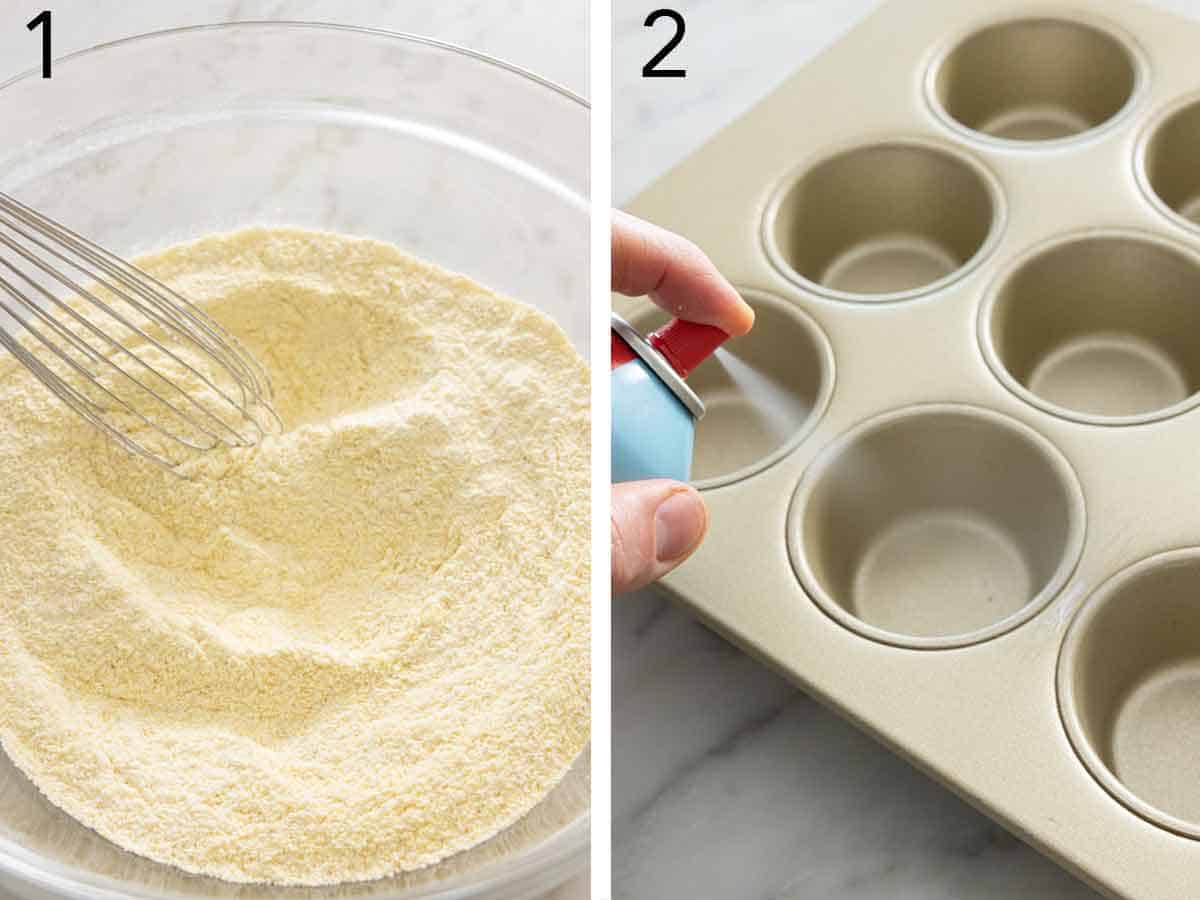 Set of two photos showing dry ingredients whisked and baking pan sprayed.