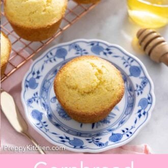 Pinterest graphic of a plate with a cornbread muffin in front of a cooling rack with more.