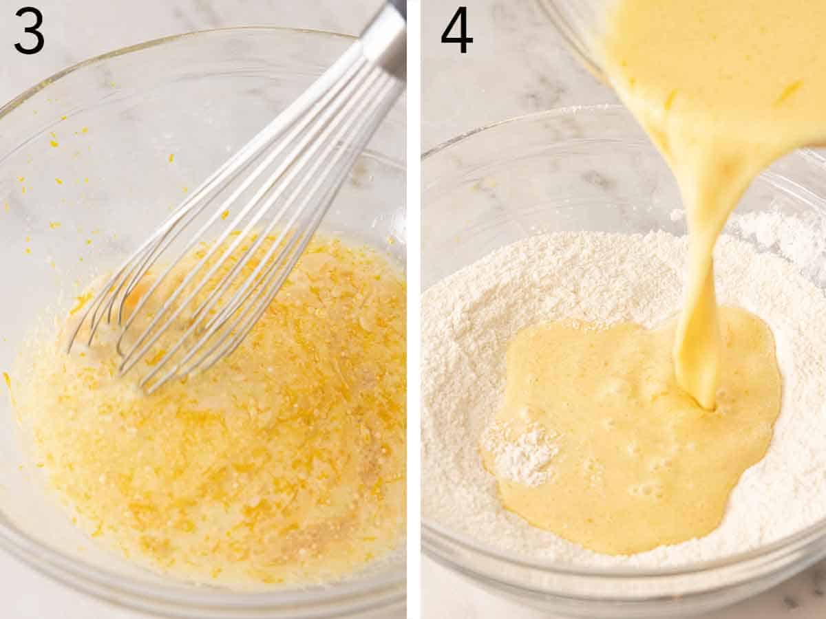 Set of two photos showing wet ingredients whisked then added to dry ingredients.