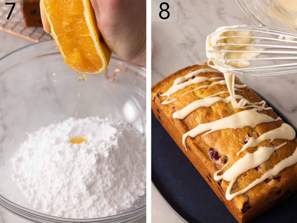 Set of two photo showing orange squeezed into powdered sugar and glaze drizzled over the bread.