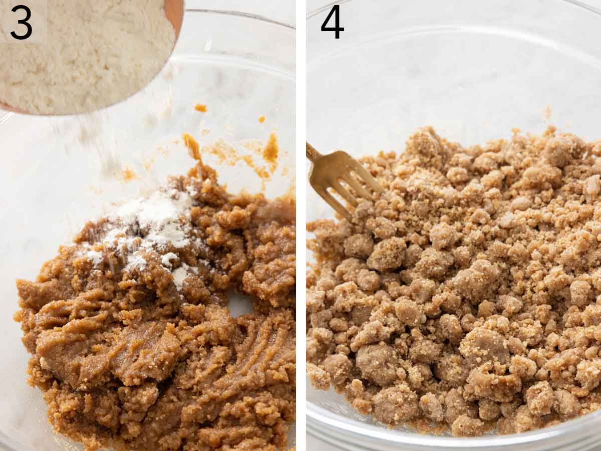 Set of two two photos showing more flour added to the mixture and mixed.
