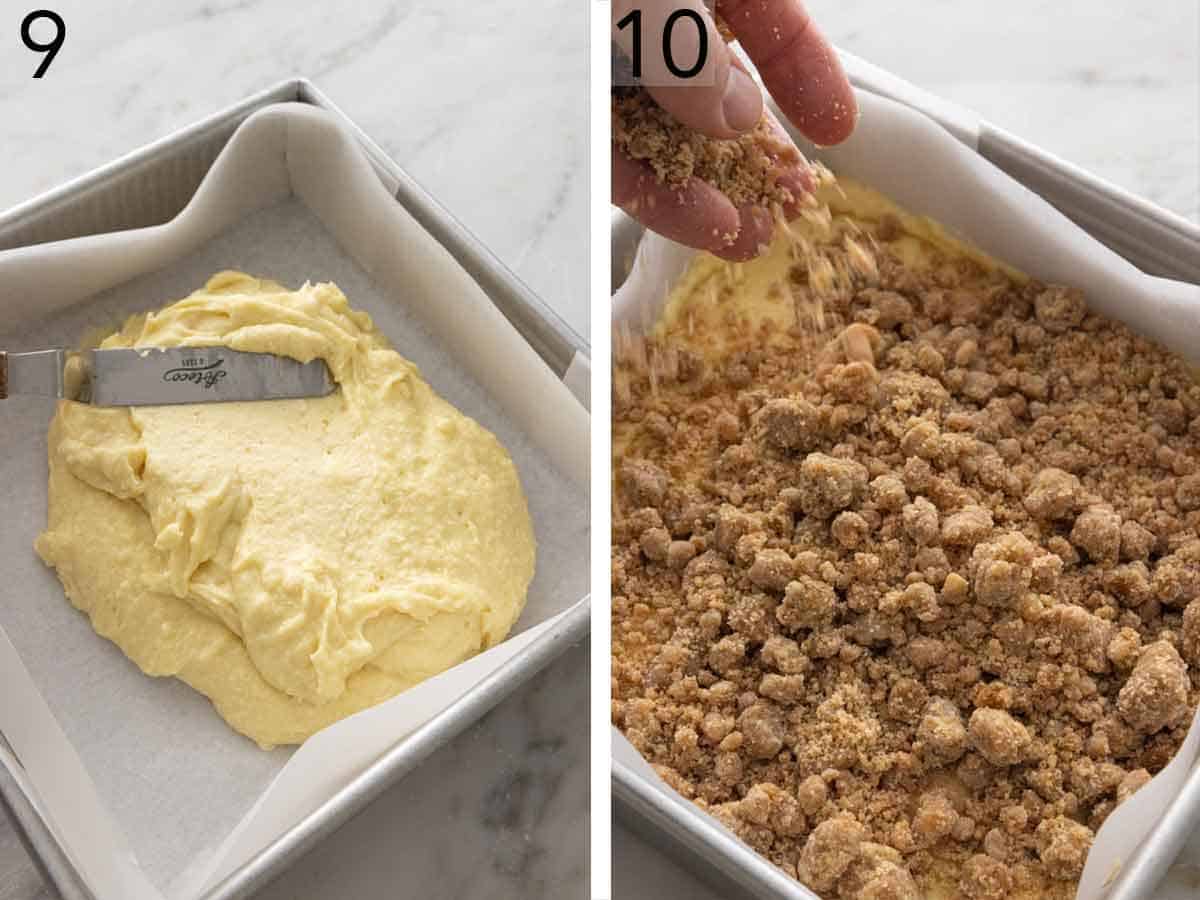 Set of two photo showing batter spread and topped with crumble.