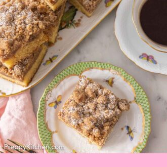 Pinterest graphic of an overhead view of a plate with a serving of crumble cake and a platter.