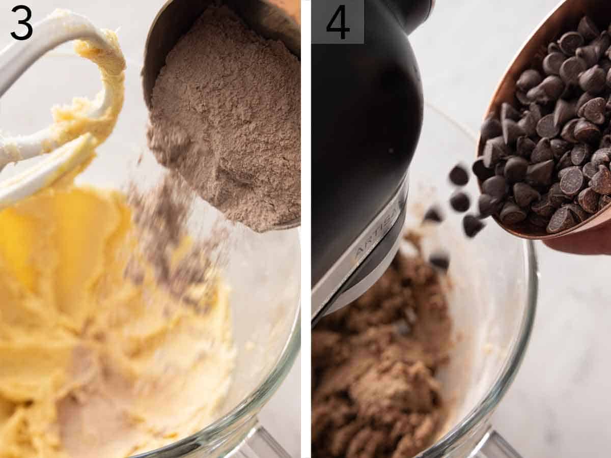 Set of two photo showing the cocoa mixture added to the butter mixture, then chocolate chips.