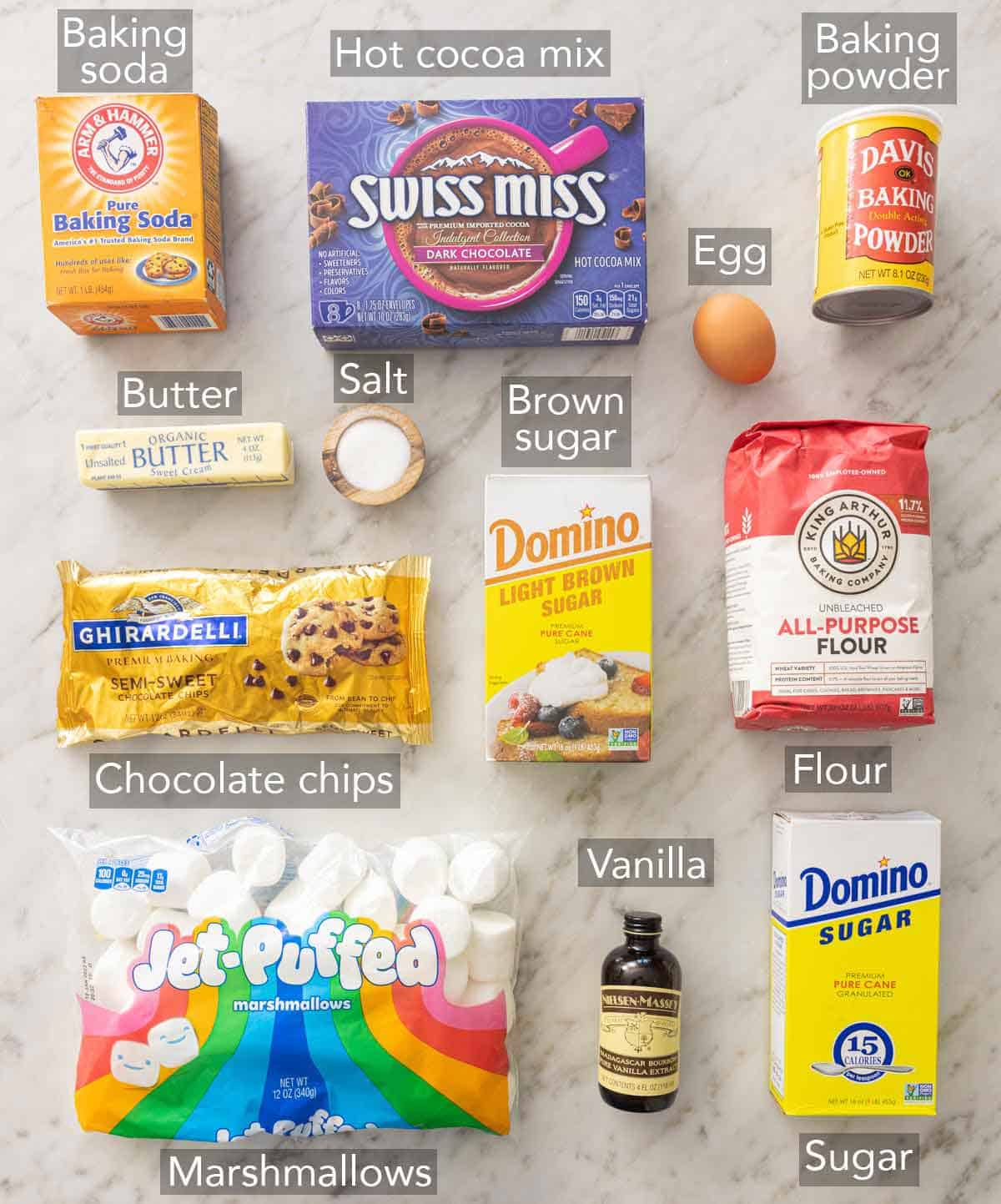 Ingredients needed to make hot chocolate cookies.