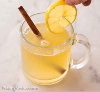Pinterest graphic of a glass of hot toddy with a cinnamon slice added to the rim.