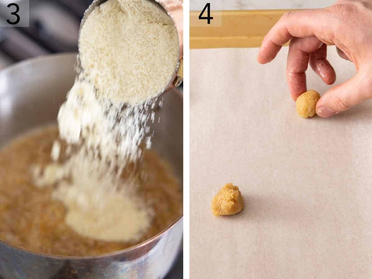 Set of two photos showing flour added to the pot and the dough rolled into a ball.