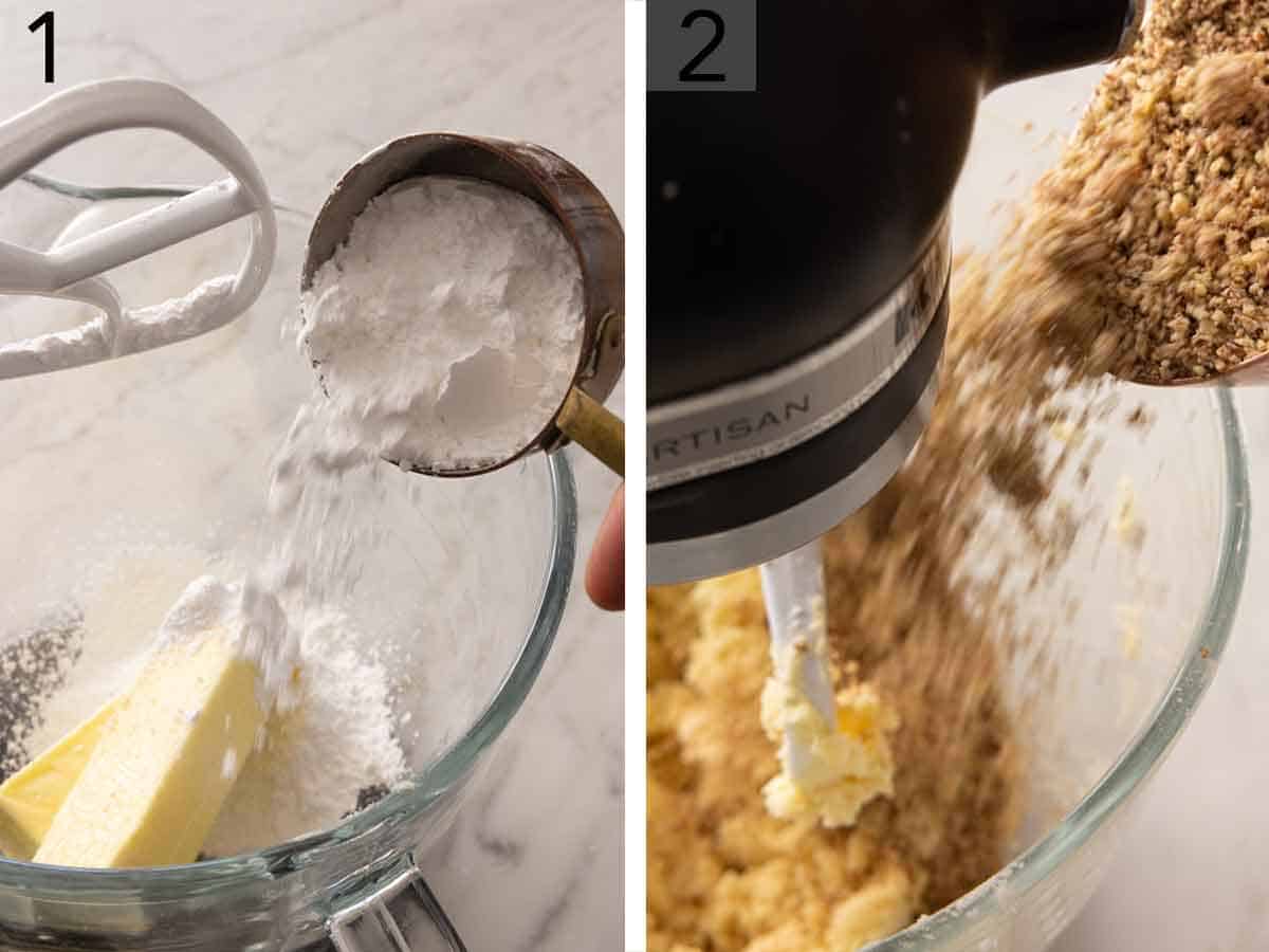 Set of two images showing powdered show added to butter then pecans added.