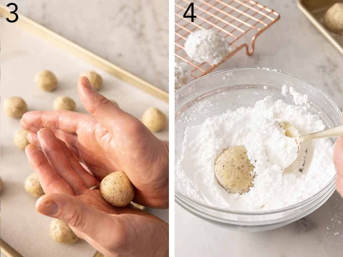 Set of two photos showing the dough being rolled then tossed in powdered sugar.