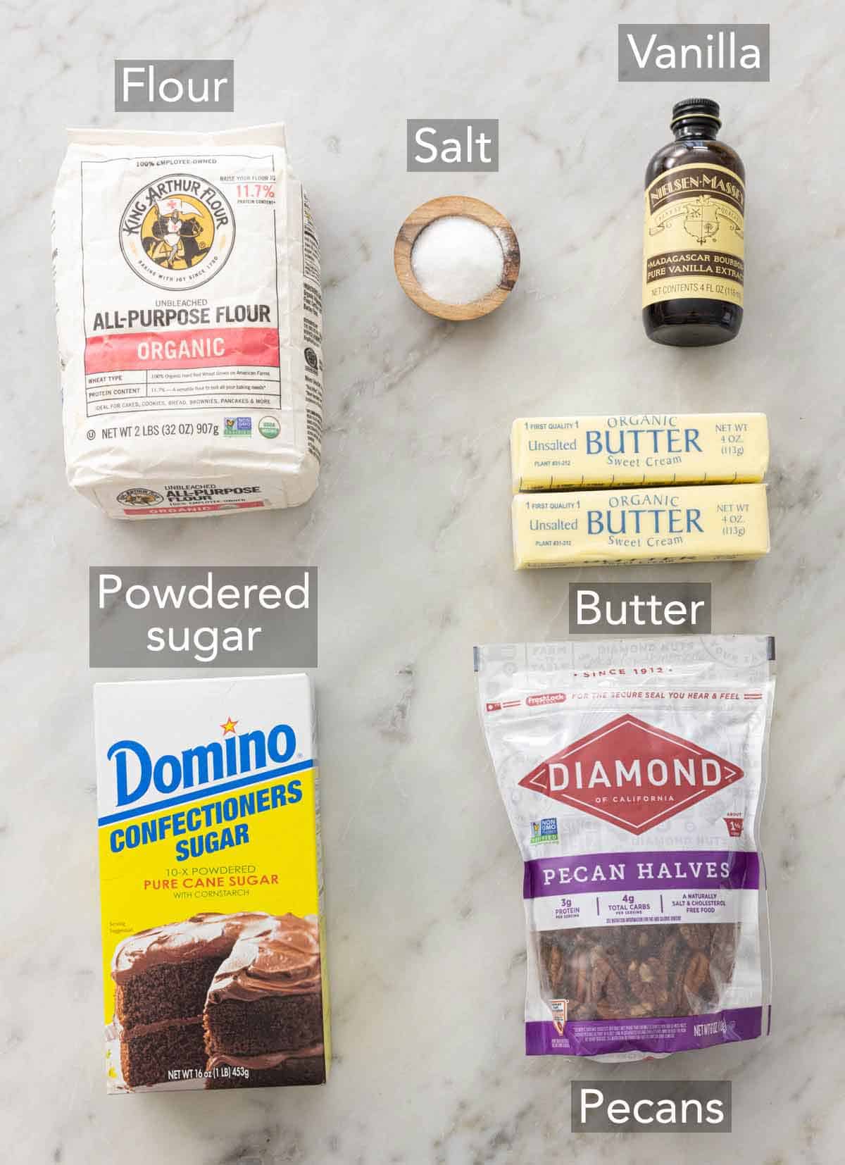 Ingredients needed to make Mexican wedding cookies.