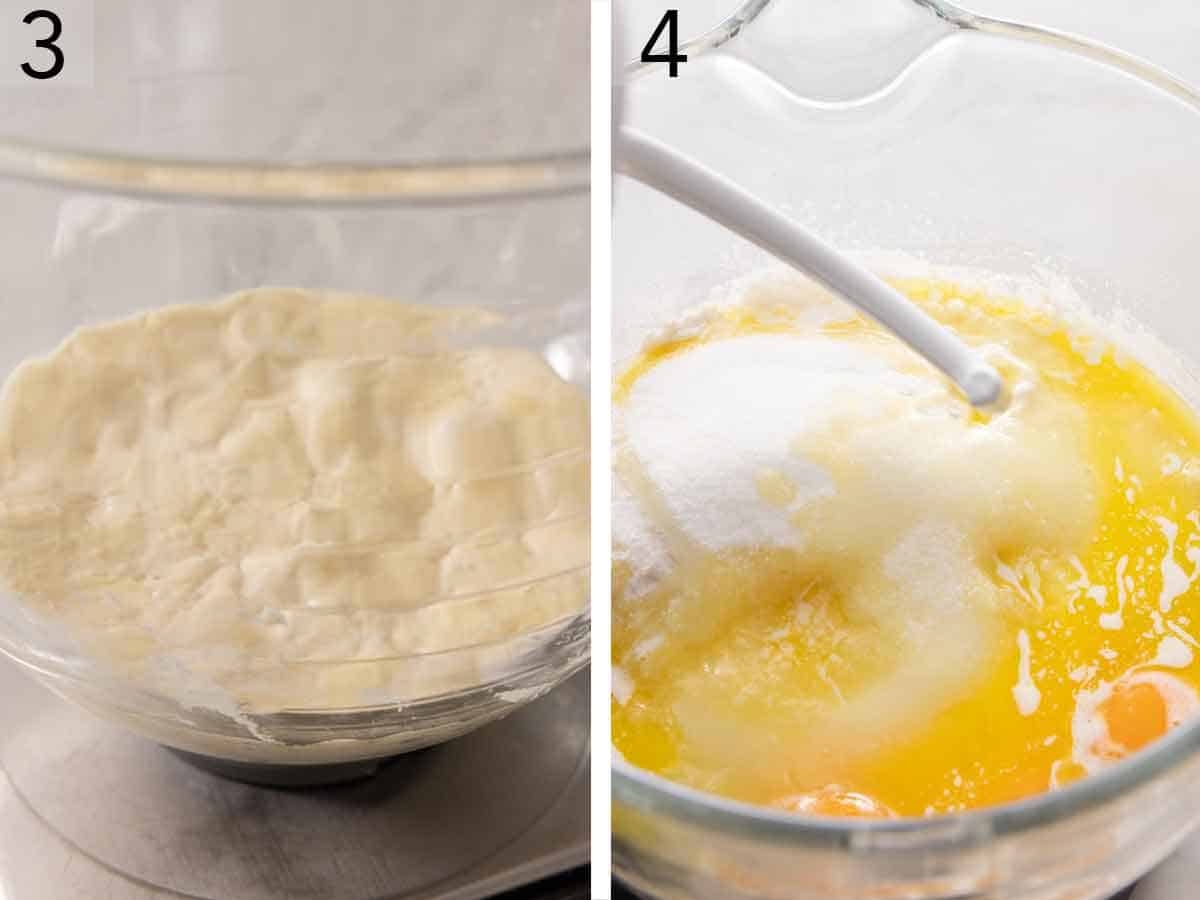 Set of two photos showing dough bubbling and wet ingredients mixed.