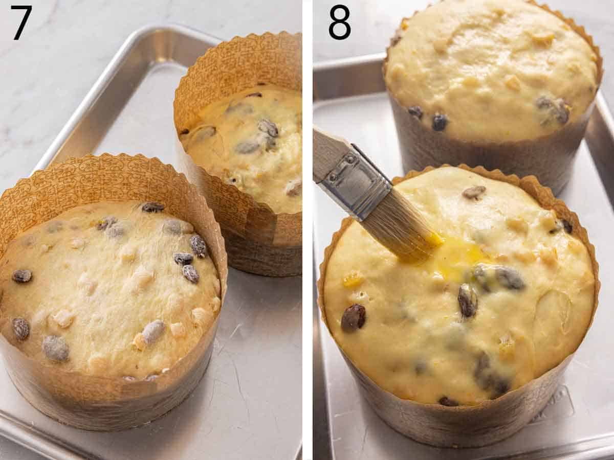 Set of two photos showing dough added to the loaf molds and brushed with egg once risen.