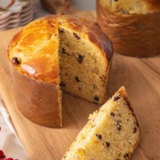 Pinterest graphic of a loaf of panettone with a slice cut and set in front.