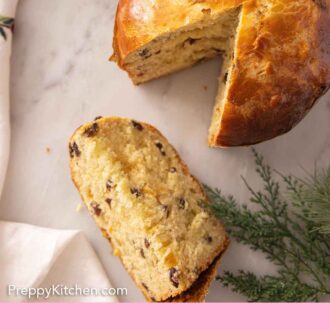 Pinterest graphic of a slice of panettone in front of the loaf.