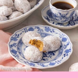 Pinterest graphic of a plate with 4 Pfeffernusse cookies by a mug of coffee.