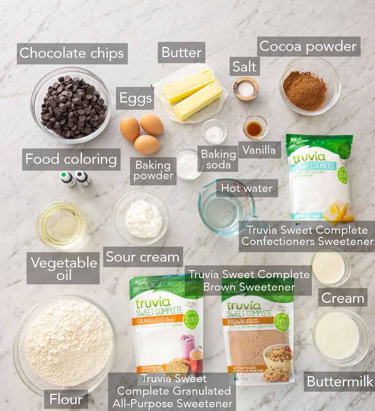Ingredients needed to make a triple chocolate fudge cake.