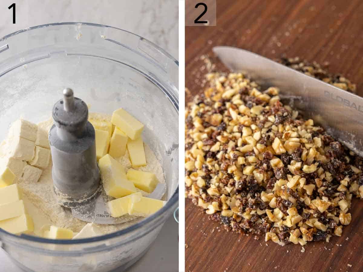 Set of two photos showing butter and cream cheese in a food processor and nuts finely chopped.