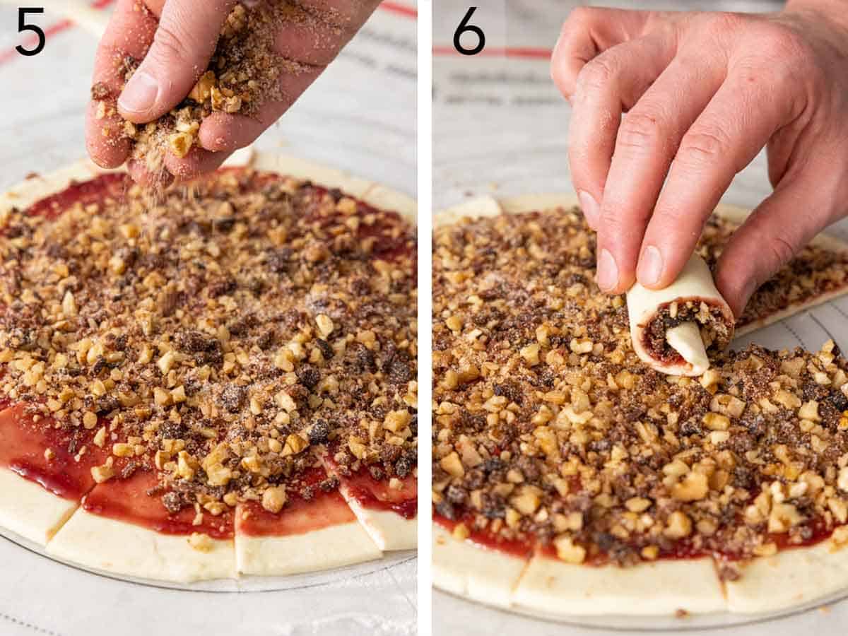 Set of two photos showing nuts sprinkled over the jam and then rolled.