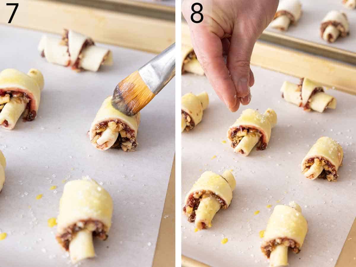 Set of two photos showing rugelach brushed with egg wash and sugar sprinkled on top.