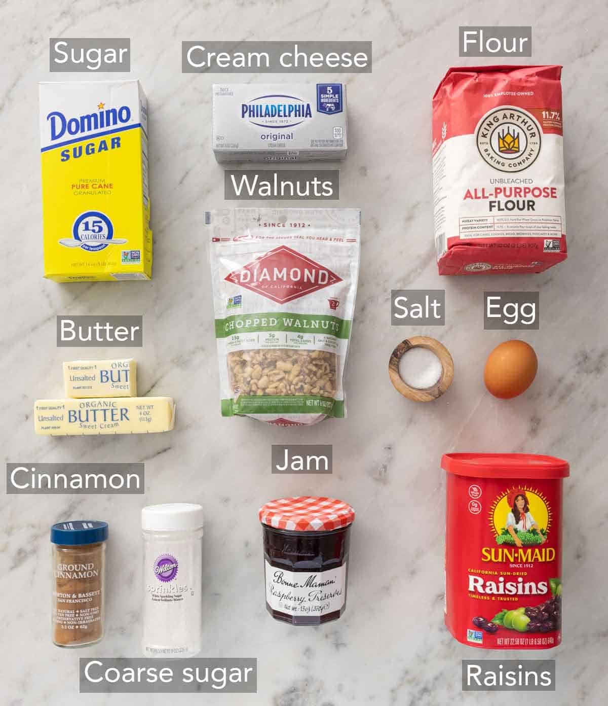 Ingredients needed to make rugelach.