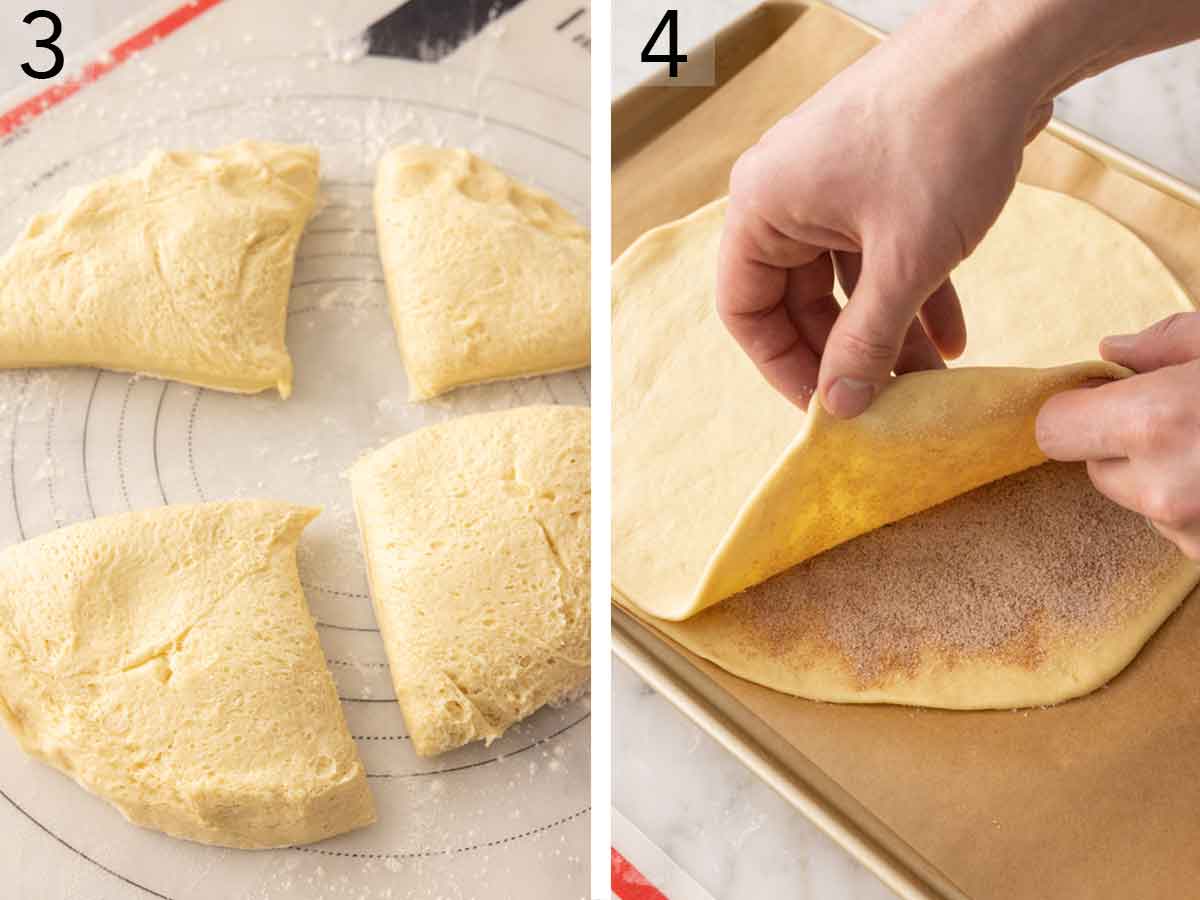 Set of two photos showing dough cut in four and cinnamon sugar layered between.