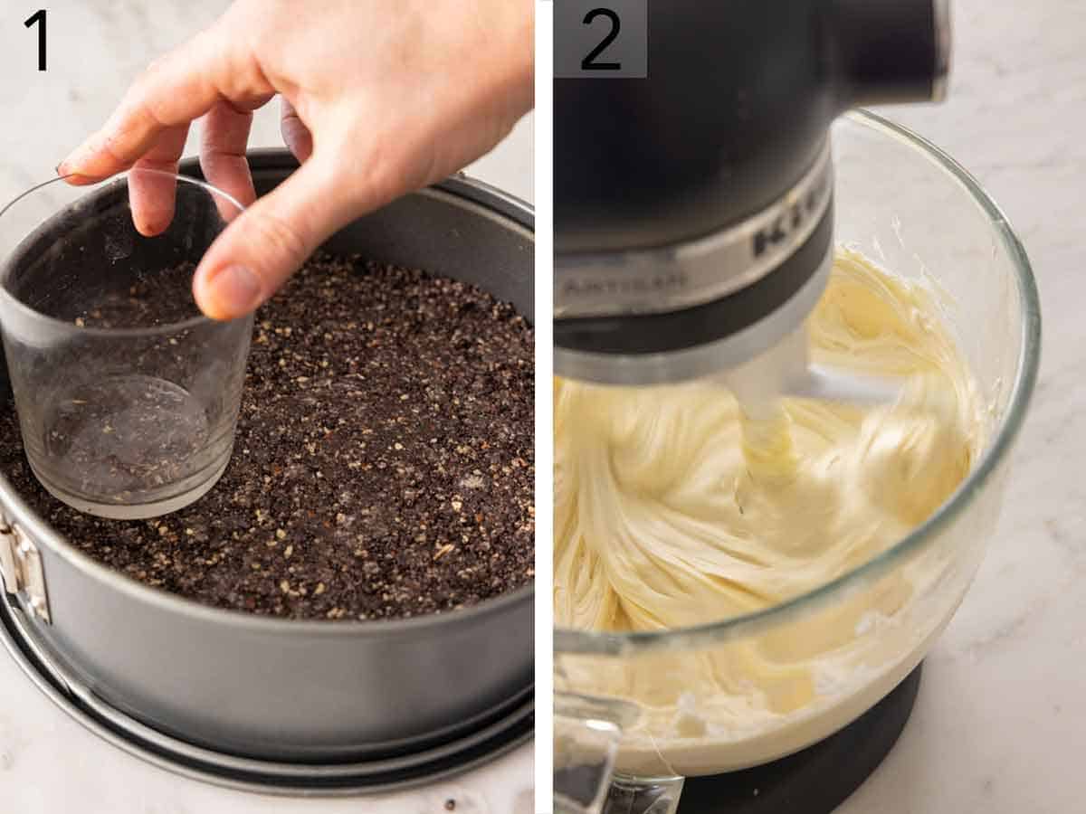 Set of two photo showing the a crust being formed and cream cheese whipped.