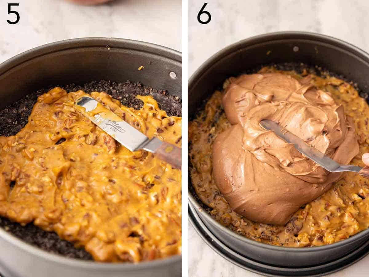 Set of two photos showing the caramel and chocolate layers added to the crust.