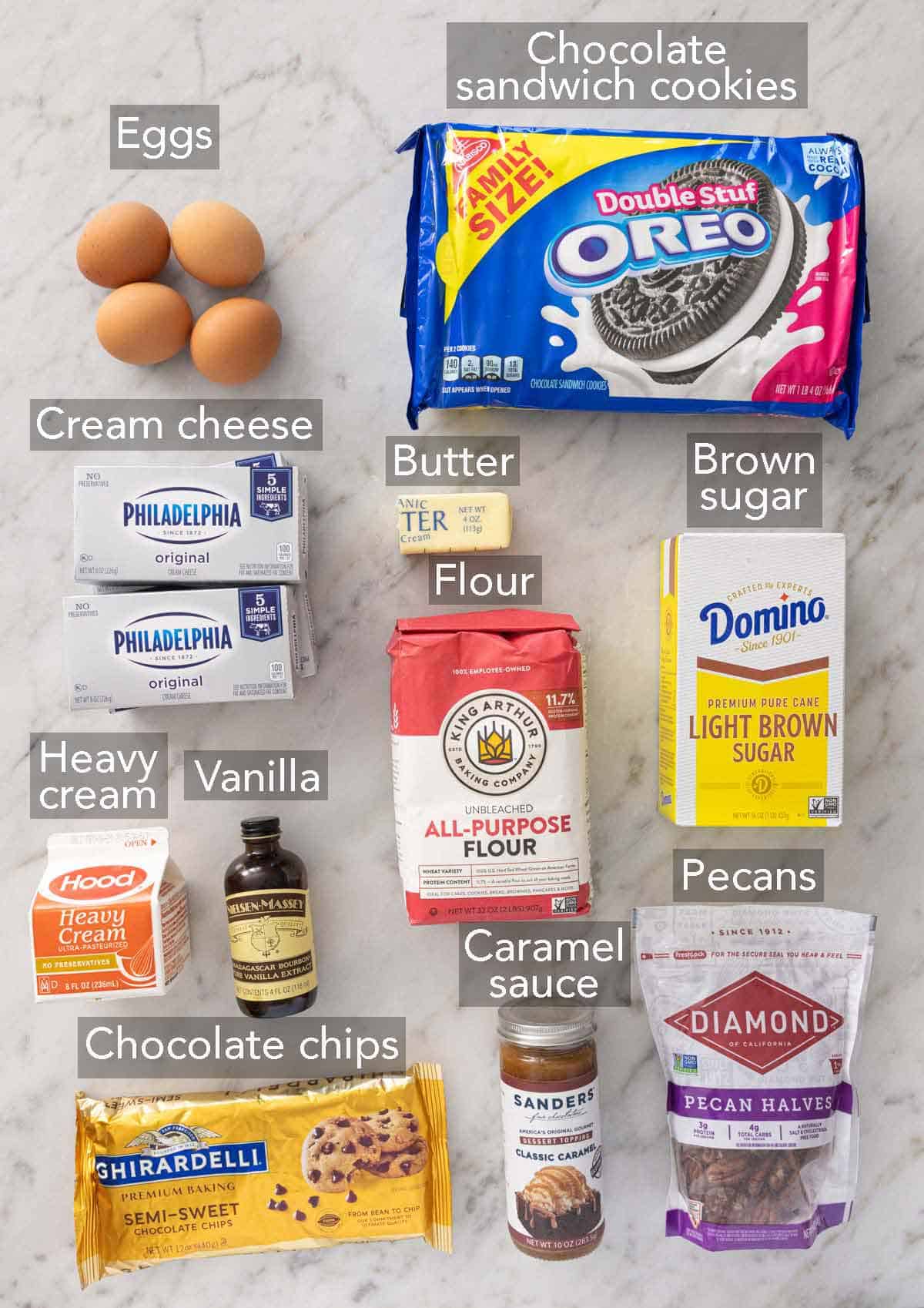 Ingredients needed to make a turtle cheesecake.