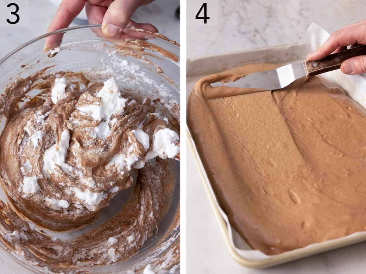 Set of two photos showing egg whites folded into a batter and then spread onto a sheet pan.