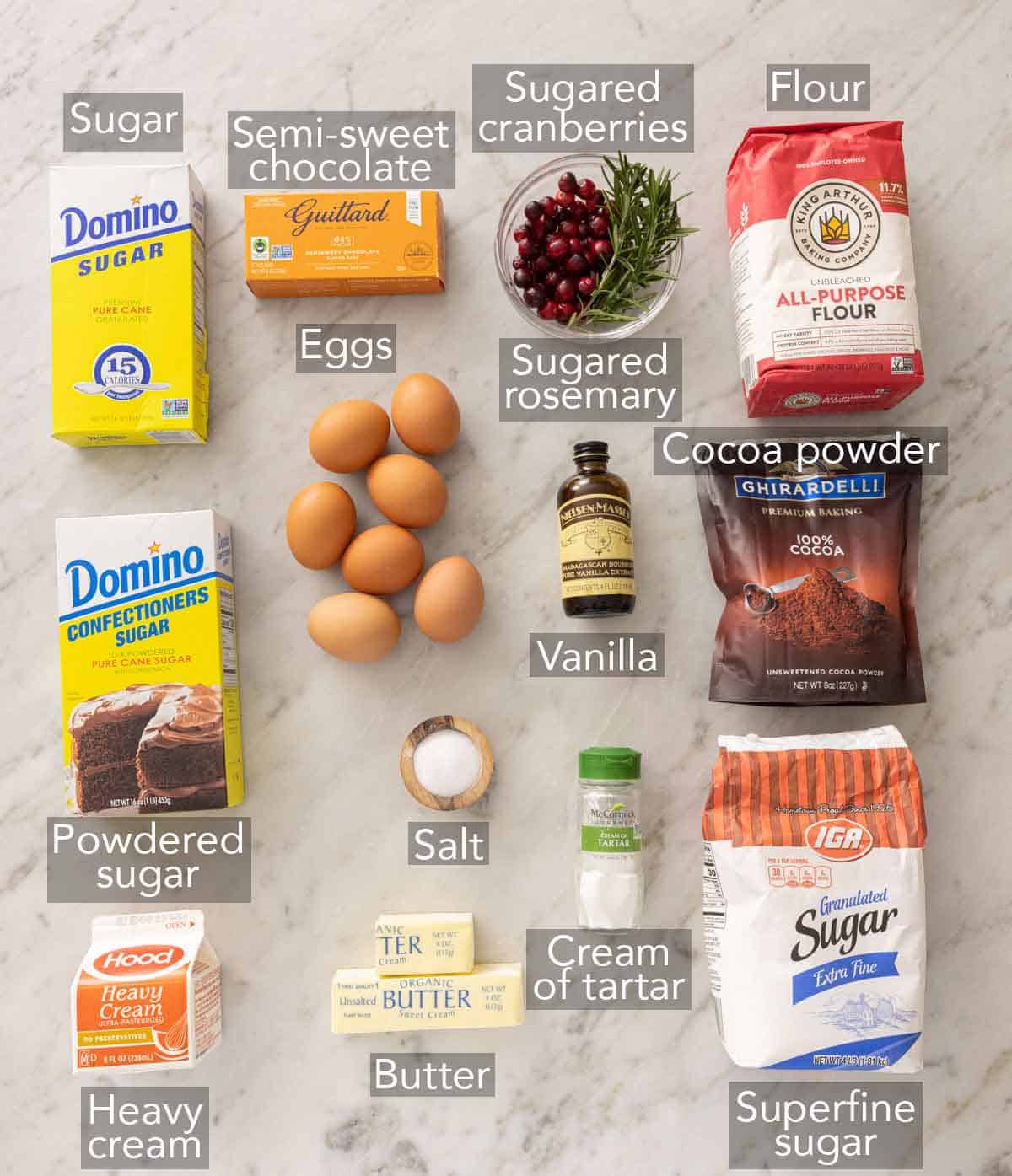 Ingredients needed to make a Yule log.