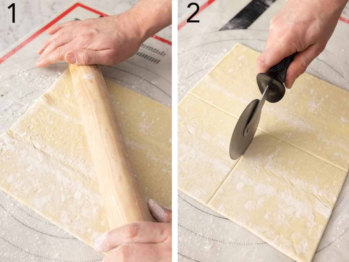 Set of two photos showing puff pastry rolled and cut.