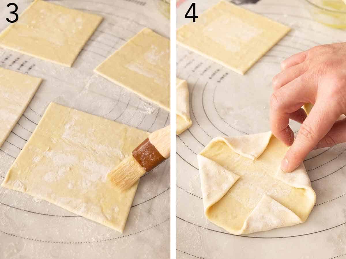 Set of two photos showing puff pastry brushed and folded.