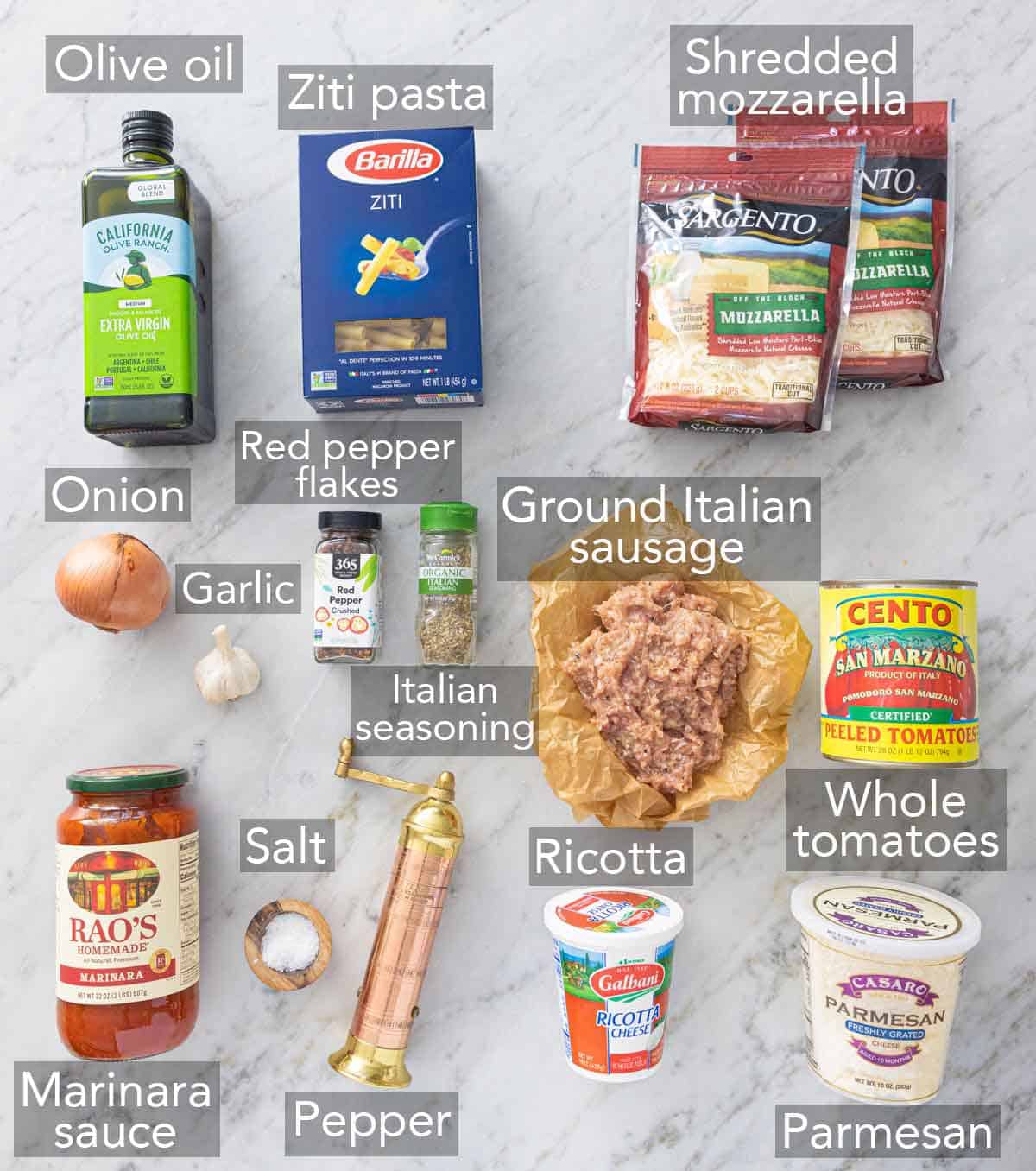 Ingredients needed to make baked ziti.